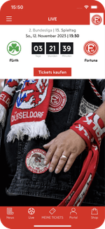 Um die Fortuna Düsseldorf App kurz vorzustellen, wird ein Screen mit Design-Elementen wie Live-Ticker, Ticketkauf-Option und Fan-Inhalten bereitgestellt.