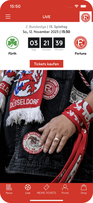 Um die Fortuna Düsseldorf App darzustellen, wird ein Screen mit Design-Elementen wie Live-Ticker, Ticketkauf-Option und Fan-Inhalten bereitgestellt.
