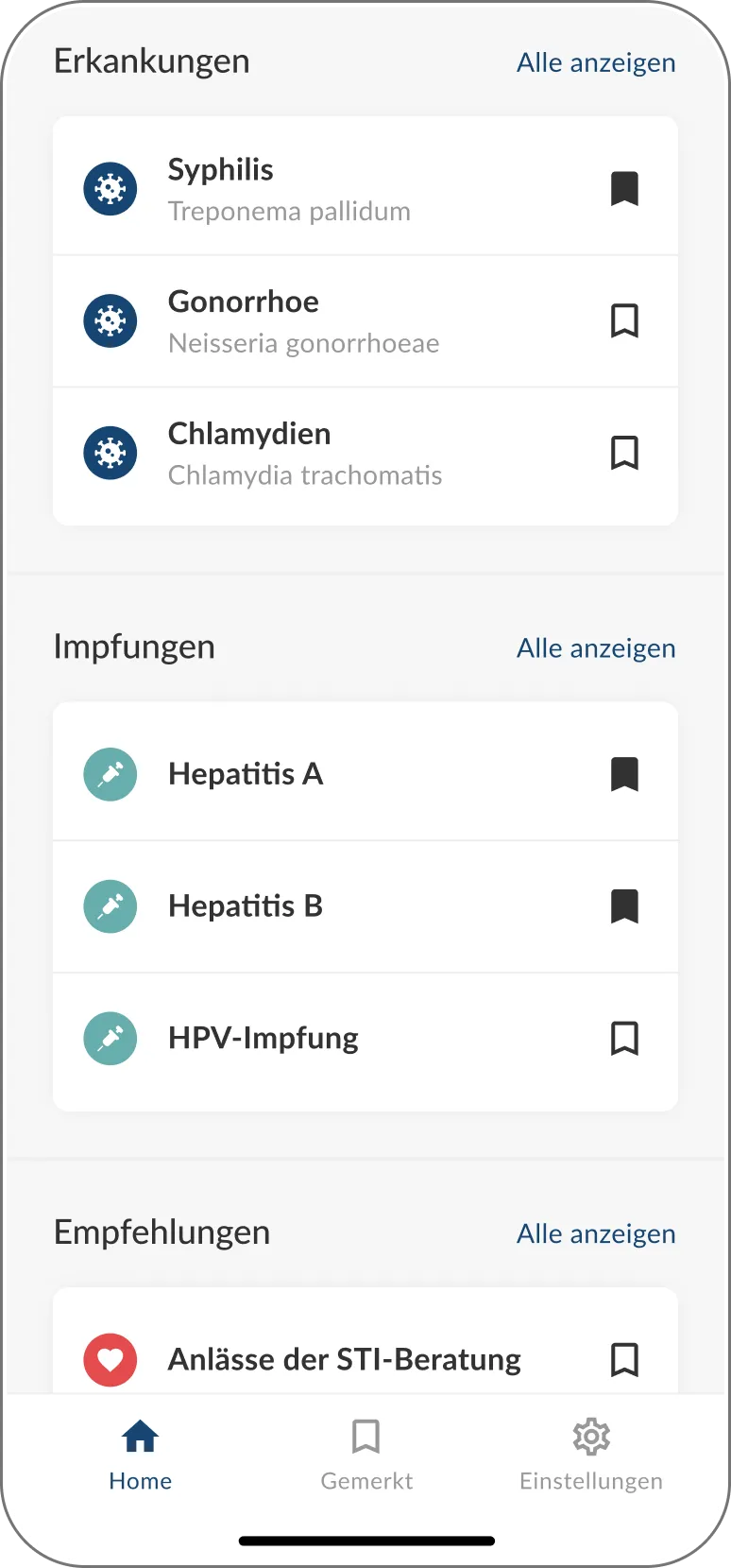 Homescreen der DSTIG-App mit Übersicht zu Erkrankungen, Impfungen und Empfehlungen als strukturierte Karten.
